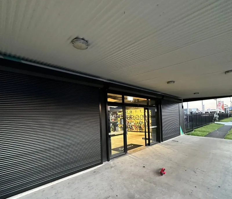 Roller shutters closed on a building